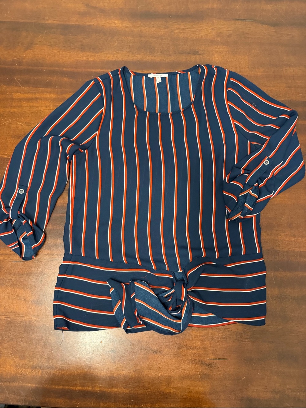 Maurices Navy Stripe Tie-Front Blouse with red Accents